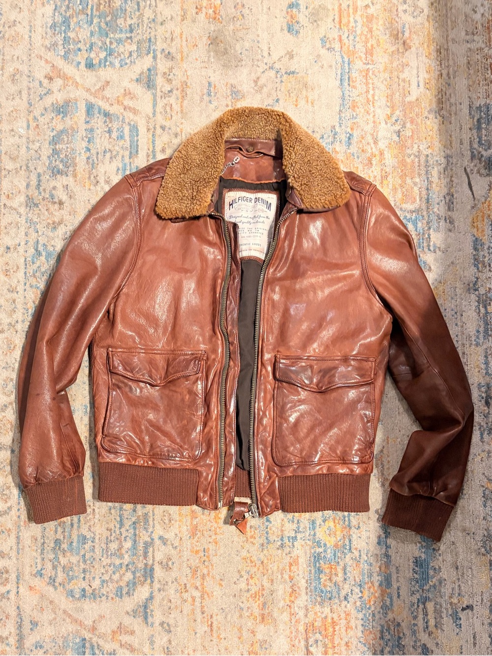 Tommy Hilfiger Brown Leather Bomber Jacket with removable Shearling Collar